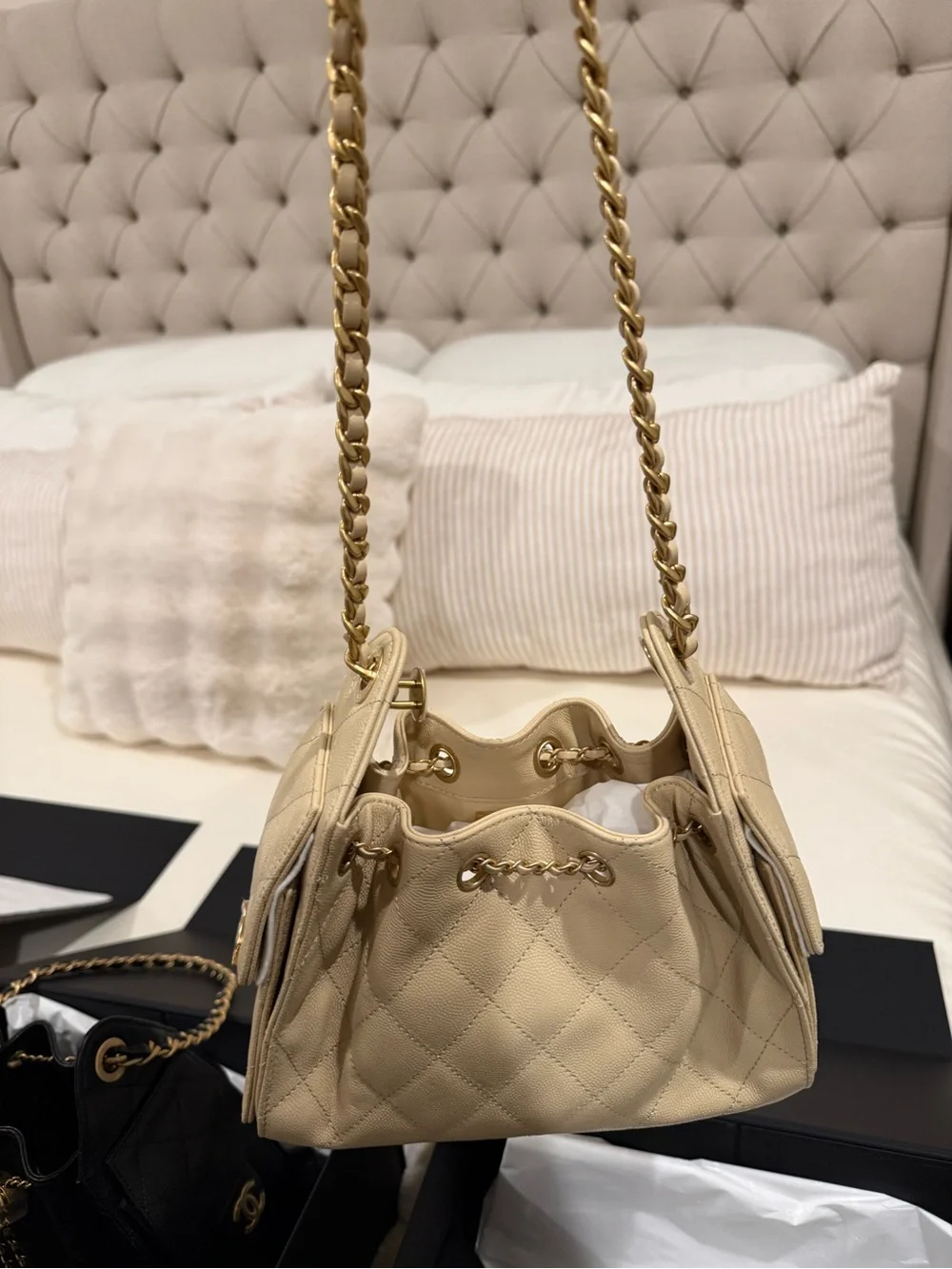 New Full Set CHANEL 25 Caviar Beige Quilted  Bag with Gold CC Hardware